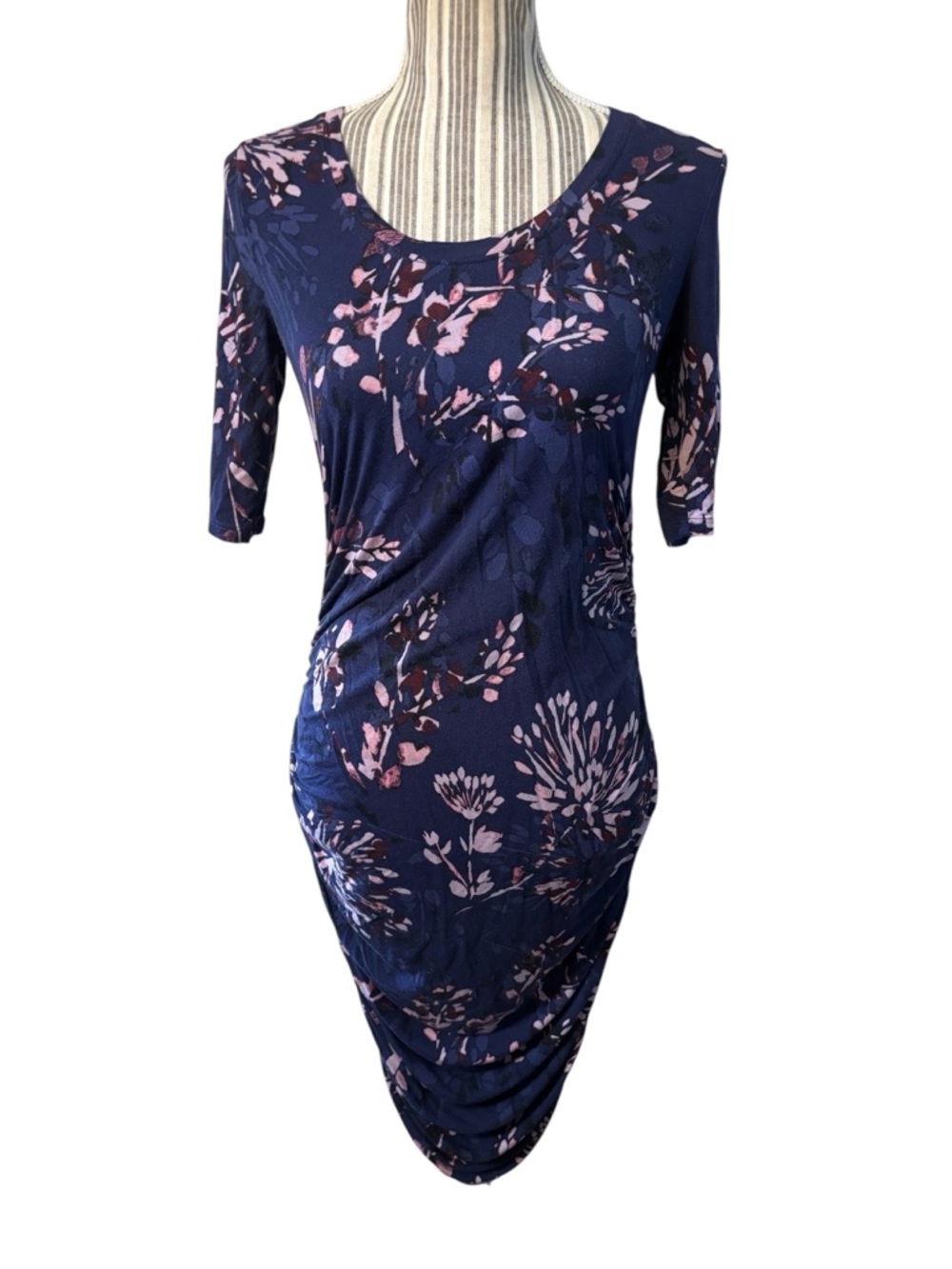 Motherhood Dress XS Maternity Blue Midi Pink Purple Floral Ruched Sides Stretchy